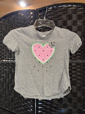 GAP Gray Tee with Pink Sequin Heart and Green Trim